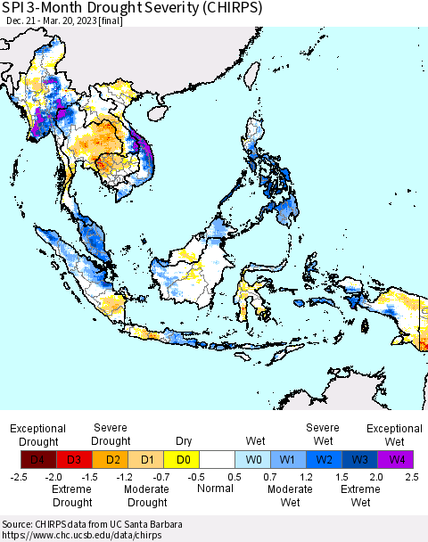 South East Asia SPI 3-Month Drought Severity (CHIRPS) Thematic Map For 12/21/2022 - 3/20/2023