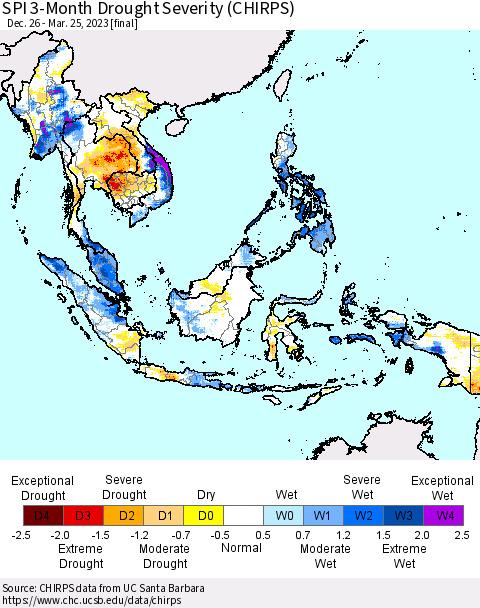 South East Asia SPI 3-Month Drought Severity (CHIRPS) Thematic Map For 12/26/2022 - 3/25/2023