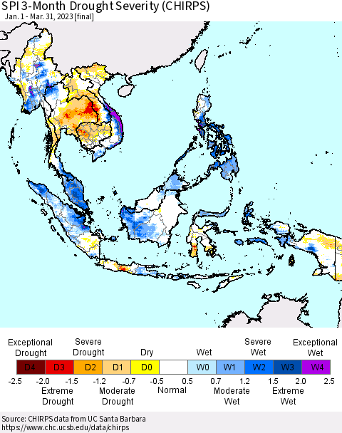South East Asia SPI 3-Month Drought Severity (CHIRPS) Thematic Map For 1/1/2023 - 3/31/2023
