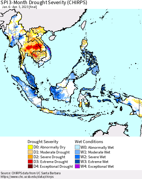 South East Asia SPI 3-Month Drought Severity (CHIRPS) Thematic Map For 1/6/2023 - 4/5/2023