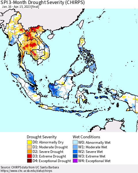 South East Asia SPI 3-Month Drought Severity (CHIRPS) Thematic Map For 1/16/2023 - 4/15/2023