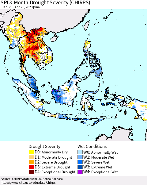 South East Asia SPI 3-Month Drought Severity (CHIRPS) Thematic Map For 1/21/2023 - 4/20/2023