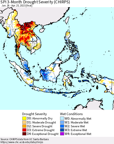 South East Asia SPI 3-Month Drought Severity (CHIRPS) Thematic Map For 1/26/2023 - 4/25/2023