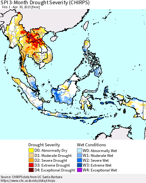 South East Asia SPI 3-Month Drought Severity (CHIRPS) Thematic Map For 2/1/2023 - 4/30/2023