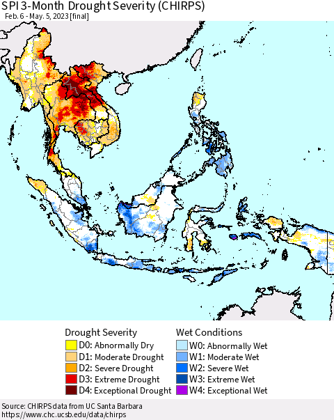 South East Asia SPI 3-Month Drought Severity (CHIRPS) Thematic Map For 2/6/2023 - 5/5/2023