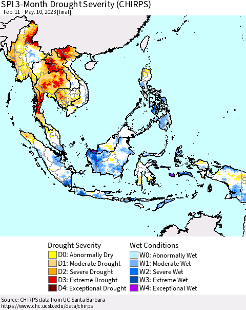 South East Asia SPI 3-Month Drought Severity (CHIRPS) Thematic Map For 2/11/2023 - 5/10/2023