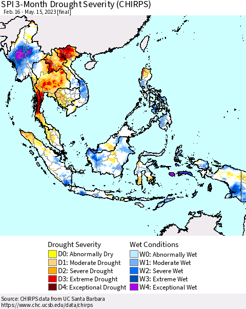 South East Asia SPI 3-Month Drought Severity (CHIRPS) Thematic Map For 2/16/2023 - 5/15/2023