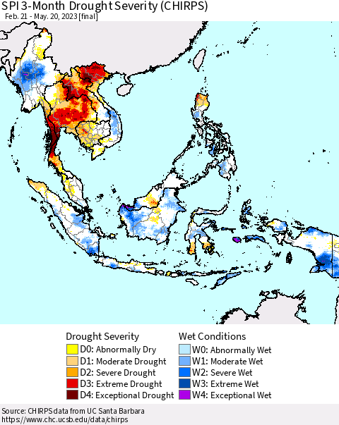 South East Asia SPI 3-Month Drought Severity (CHIRPS) Thematic Map For 2/21/2023 - 5/20/2023