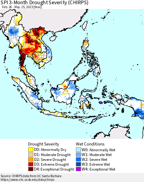 South East Asia SPI 3-Month Drought Severity (CHIRPS) Thematic Map For 2/26/2023 - 5/25/2023