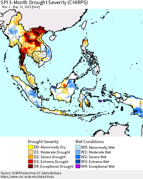 South East Asia SPI 3-Month Drought Severity (CHIRPS) Thematic Map For 3/1/2023 - 5/31/2023