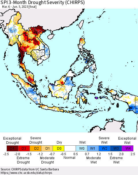 South East Asia SPI 3-Month Drought Severity (CHIRPS) Thematic Map For 3/6/2023 - 6/5/2023