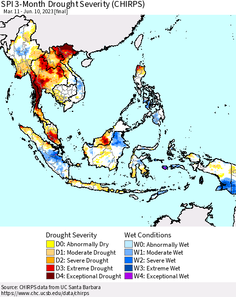 South East Asia SPI 3-Month Drought Severity (CHIRPS) Thematic Map For 3/11/2023 - 6/10/2023