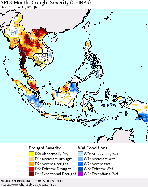 South East Asia SPI 3-Month Drought Severity (CHIRPS) Thematic Map For 3/16/2023 - 6/15/2023