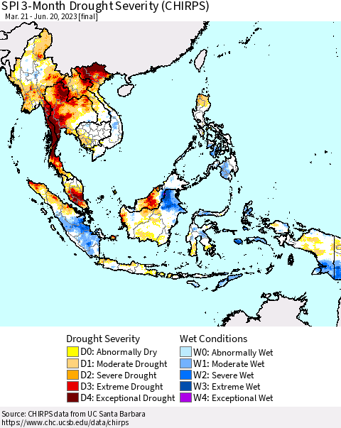 South East Asia SPI 3-Month Drought Severity (CHIRPS) Thematic Map For 3/21/2023 - 6/20/2023
