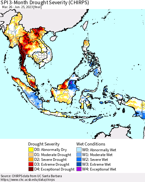 South East Asia SPI 3-Month Drought Severity (CHIRPS) Thematic Map For 3/26/2023 - 6/25/2023