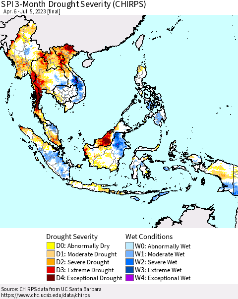 South East Asia SPI 3-Month Drought Severity (CHIRPS) Thematic Map For 4/6/2023 - 7/5/2023