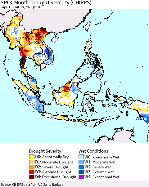 South East Asia SPI 3-Month Drought Severity (CHIRPS) Thematic Map For 4/11/2023 - 7/10/2023