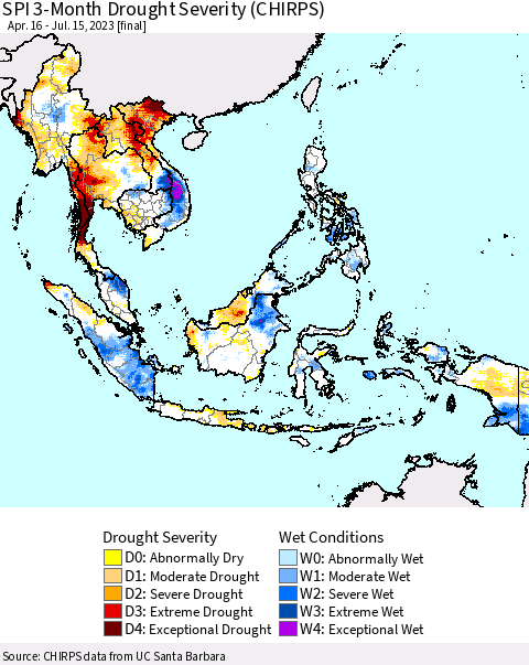 South East Asia SPI 3-Month Drought Severity (CHIRPS) Thematic Map For 4/16/2023 - 7/15/2023
