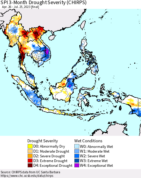 South East Asia SPI 3-Month Drought Severity (CHIRPS) Thematic Map For 4/26/2023 - 7/25/2023