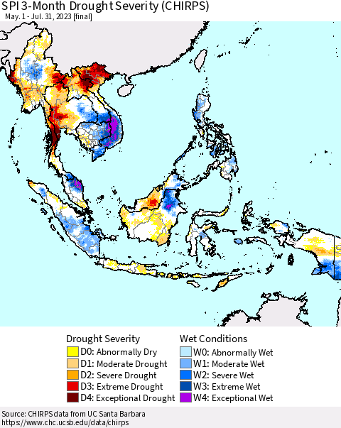 South East Asia SPI 3-Month Drought Severity (CHIRPS) Thematic Map For 5/1/2023 - 7/31/2023
