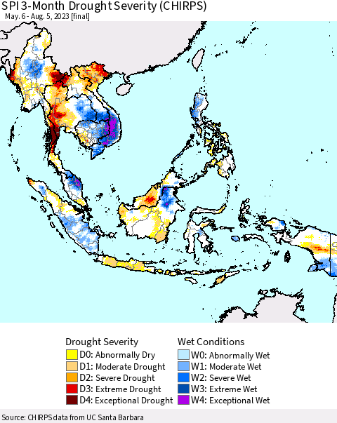 South East Asia SPI 3-Month Drought Severity (CHIRPS) Thematic Map For 5/6/2023 - 8/5/2023