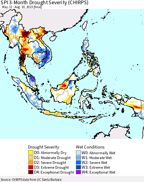 South East Asia SPI 3-Month Drought Severity (CHIRPS) Thematic Map For 5/11/2023 - 8/10/2023