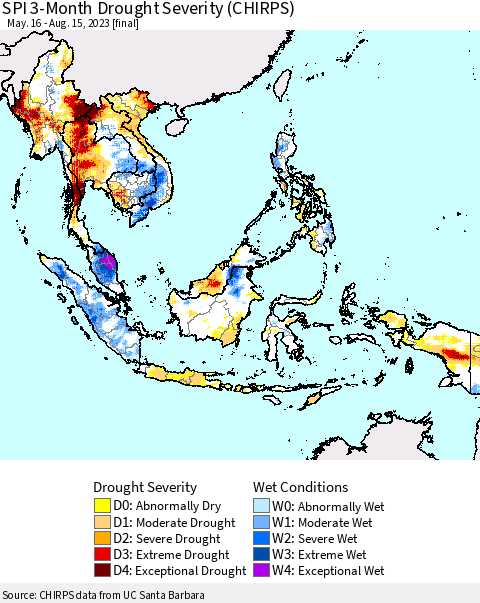 South East Asia SPI 3-Month Drought Severity (CHIRPS) Thematic Map For 5/16/2023 - 8/15/2023