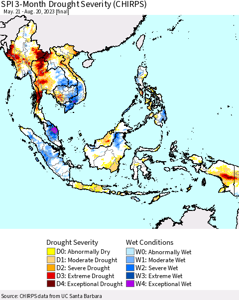 South East Asia SPI 3-Month Drought Severity (CHIRPS) Thematic Map For 5/21/2023 - 8/20/2023