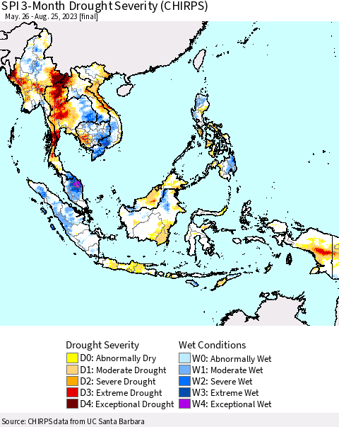 South East Asia SPI 3-Month Drought Severity (CHIRPS) Thematic Map For 5/26/2023 - 8/25/2023