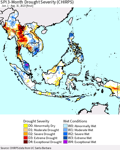 South East Asia SPI 3-Month Drought Severity (CHIRPS) Thematic Map For 6/1/2023 - 8/31/2023