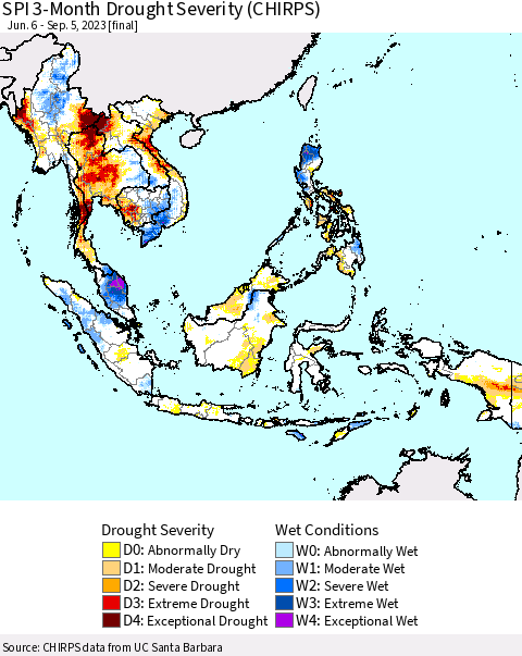 South East Asia SPI 3-Month Drought Severity (CHIRPS) Thematic Map For 6/6/2023 - 9/5/2023