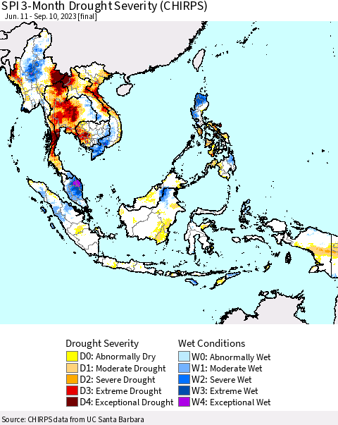South East Asia SPI 3-Month Drought Severity (CHIRPS) Thematic Map For 6/11/2023 - 9/10/2023