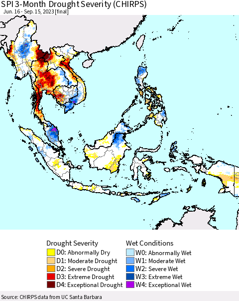 South East Asia SPI 3-Month Drought Severity (CHIRPS) Thematic Map For 6/16/2023 - 9/15/2023