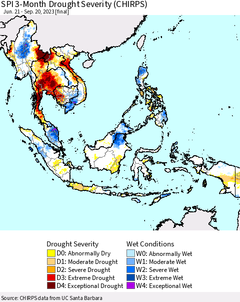 South East Asia SPI 3-Month Drought Severity (CHIRPS) Thematic Map For 6/21/2023 - 9/20/2023
