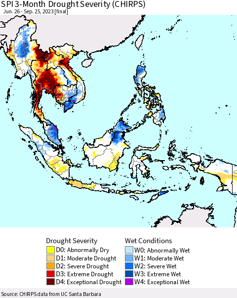 South East Asia SPI 3-Month Drought Severity (CHIRPS) Thematic Map For 6/26/2023 - 9/25/2023