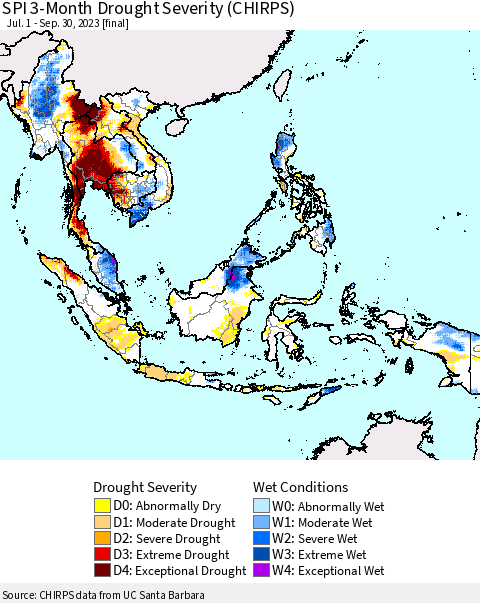 South East Asia SPI 3-Month Drought Severity (CHIRPS) Thematic Map For 7/1/2023 - 9/30/2023