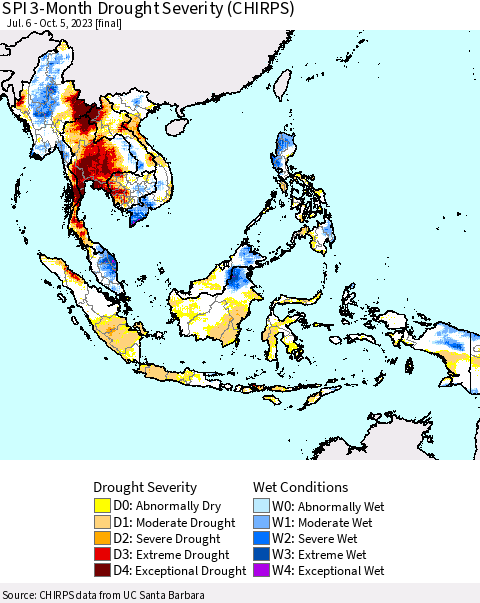 South East Asia SPI 3-Month Drought Severity (CHIRPS) Thematic Map For 7/6/2023 - 10/5/2023