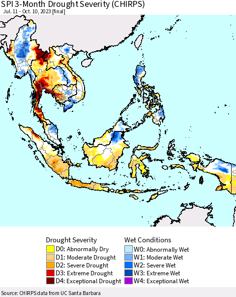 South East Asia SPI 3-Month Drought Severity (CHIRPS) Thematic Map For 7/11/2023 - 10/10/2023
