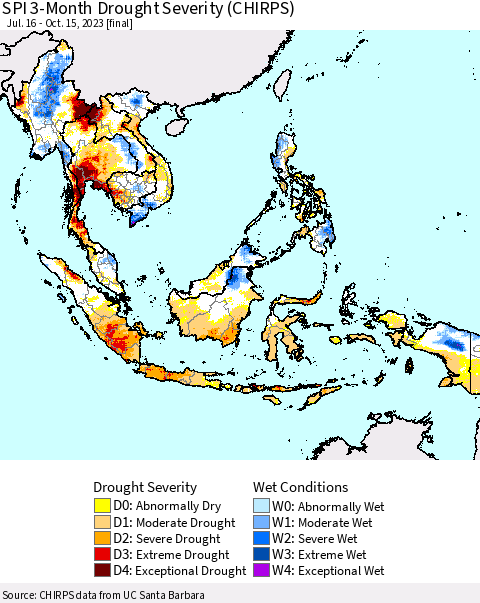 South East Asia SPI 3-Month Drought Severity (CHIRPS) Thematic Map For 7/16/2023 - 10/15/2023