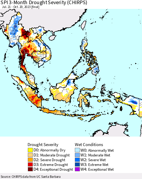 South East Asia SPI 3-Month Drought Severity (CHIRPS) Thematic Map For 7/21/2023 - 10/20/2023