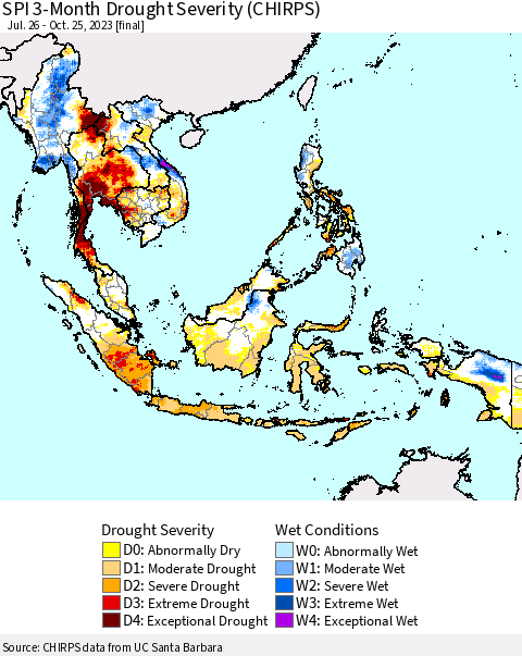 South East Asia SPI 3-Month Drought Severity (CHIRPS) Thematic Map For 7/26/2023 - 10/25/2023