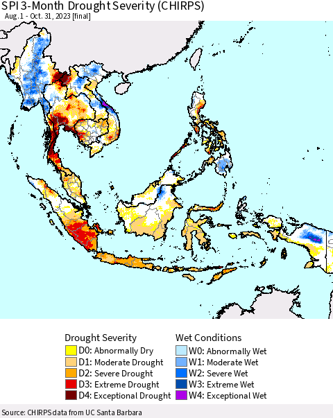 South East Asia SPI 3-Month Drought Severity (CHIRPS) Thematic Map For 8/1/2023 - 10/31/2023