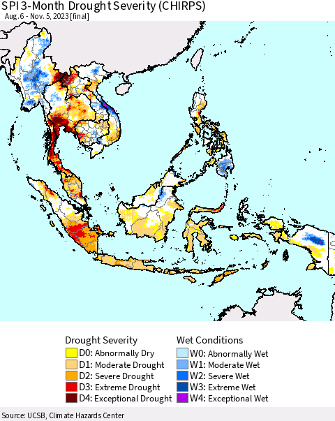 South East Asia SPI 3-Month Drought Severity (CHIRPS) Thematic Map For 8/6/2023 - 11/5/2023
