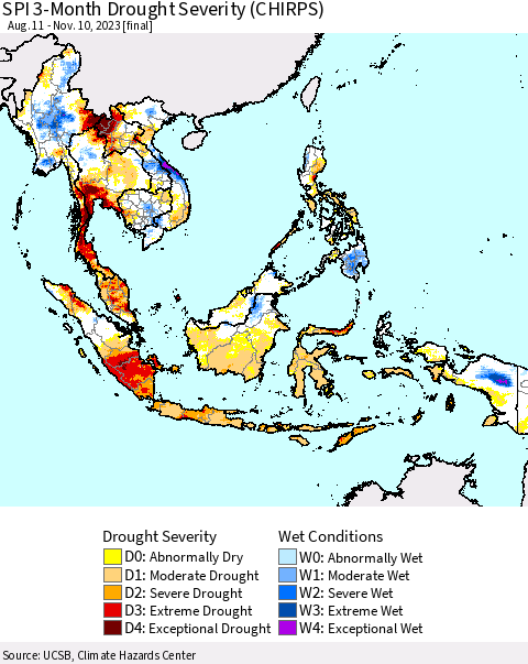 South East Asia SPI 3-Month Drought Severity (CHIRPS) Thematic Map For 8/11/2023 - 11/10/2023
