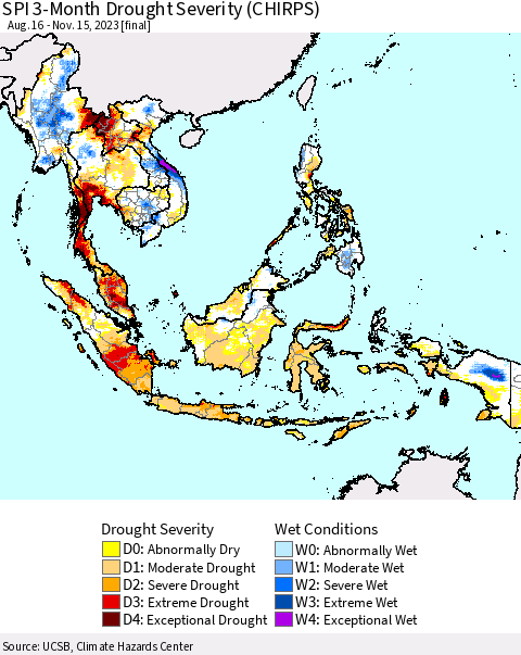South East Asia SPI 3-Month Drought Severity (CHIRPS) Thematic Map For 8/16/2023 - 11/15/2023