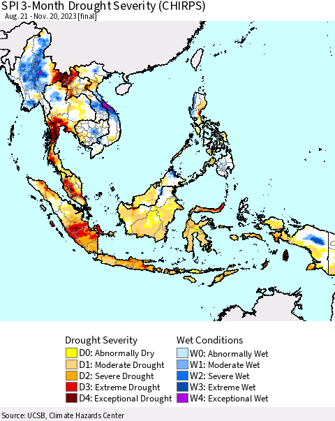South East Asia SPI 3-Month Drought Severity (CHIRPS) Thematic Map For 8/21/2023 - 11/20/2023