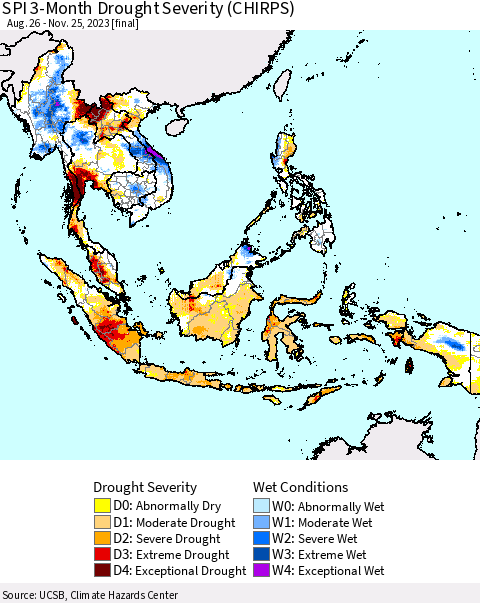 South East Asia SPI 3-Month Drought Severity (CHIRPS) Thematic Map For 8/26/2023 - 11/25/2023