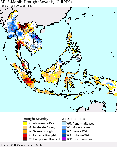 South East Asia SPI 3-Month Drought Severity (CHIRPS) Thematic Map For 9/1/2023 - 11/30/2023