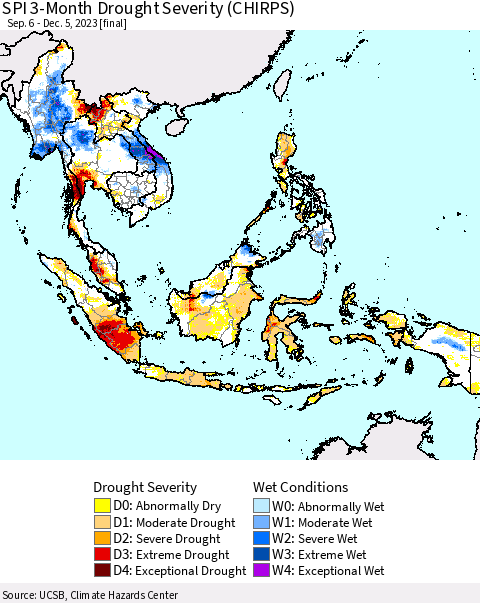 South East Asia SPI 3-Month Drought Severity (CHIRPS) Thematic Map For 9/6/2023 - 12/5/2023