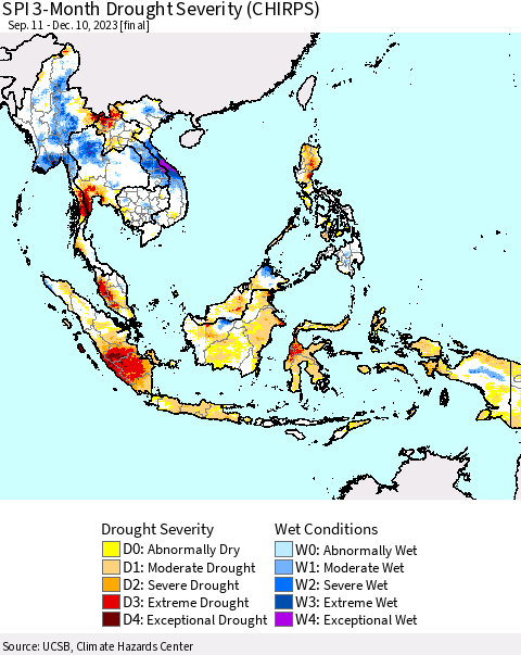 South East Asia SPI 3-Month Drought Severity (CHIRPS) Thematic Map For 9/11/2023 - 12/10/2023
